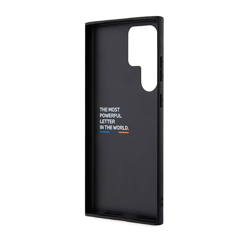 BMW Leather Hot Stamp Tricolor – dėklas Samsung Galaxy S23 Ultra (juodas)