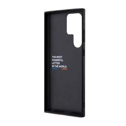 BMW Leather Hot Stamp Tricolor – dėklas Samsung Galaxy S23 Ultra (juodas)