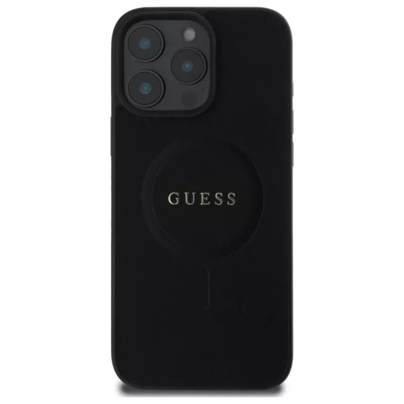 Guess Saffiano Classic Logo MagSafe - Dėklas skirtas iPhone 16 Pro Max (juodas)
