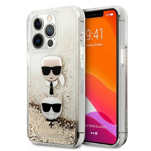 Karl Lagerfeld Liquid Glitter Karl & Choupette Head – dėklas, skirtas „iPhone 13 Pro Max“ (auksinis)