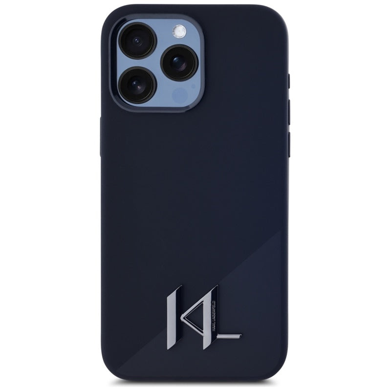 Karl Lagerfeld Silikoninis MagSafe Dėklas su metalo inicialu "Shadow" – skirtas iPhone 15 Pro (juodas)