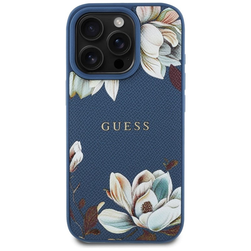 Guess Grained Printed Flower Pattern MagSafe - dėklas, skirtas iPhone 16 Pro (mėlynas)