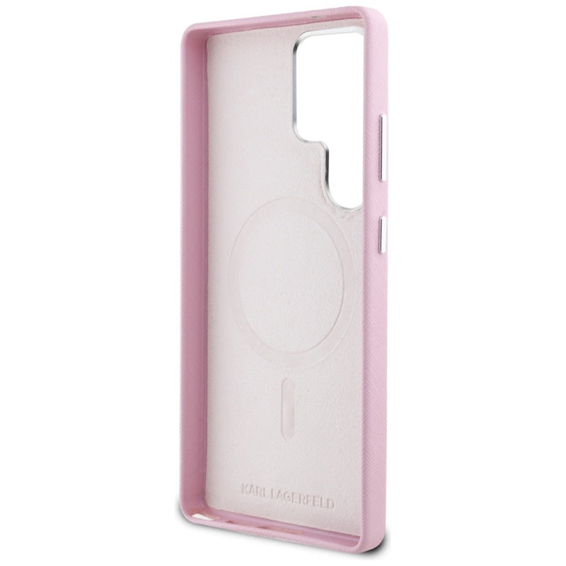 Karl Lagerfeld Saffiano Full Wrapped Elongated Metal Logo MagSafe – Dėklas Samsung Galaxy S25 Ultra (rožinis)