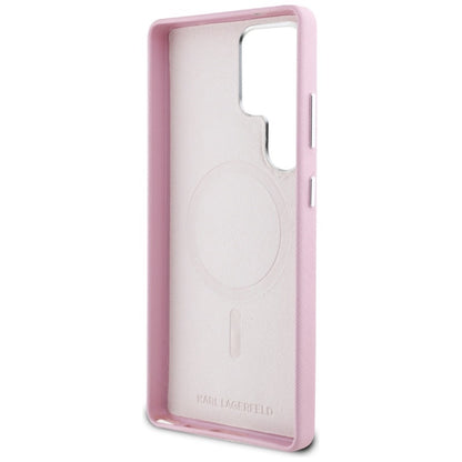 Karl Lagerfeld Saffiano Full Wrapped Elongated Metal Logo MagSafe – Dėklas Samsung Galaxy S25 Ultra (rožinis)