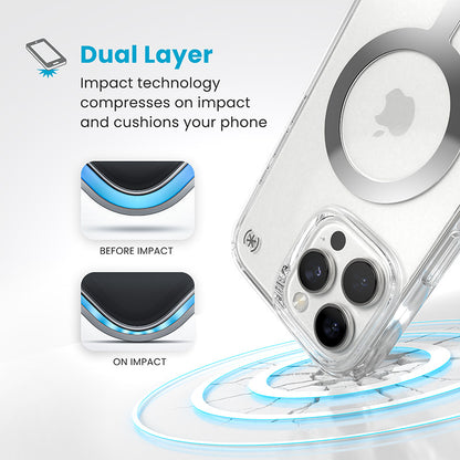 Speck Presidio Perfect-Clear MagSafe – dėklas, skirtas iPhone 16 Pro Max (skaidrus / chromo apdaila / sereno sidabras)