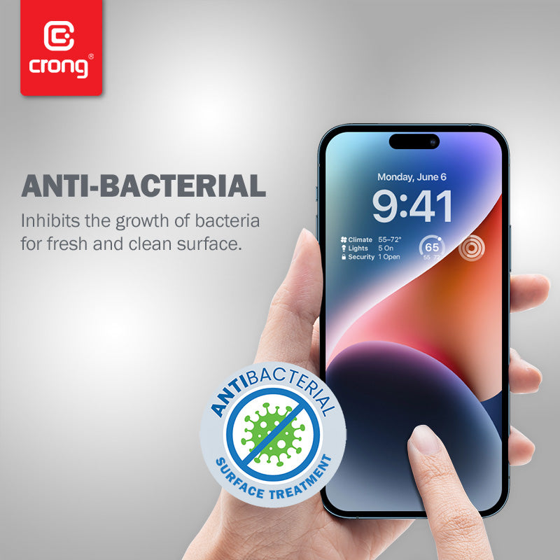 Crong Anti-Bakterinis 3D Armor Glass - 9H Grūdintas stiklas visam iPhone 14 Pro ekranui + montavimo rėmelis