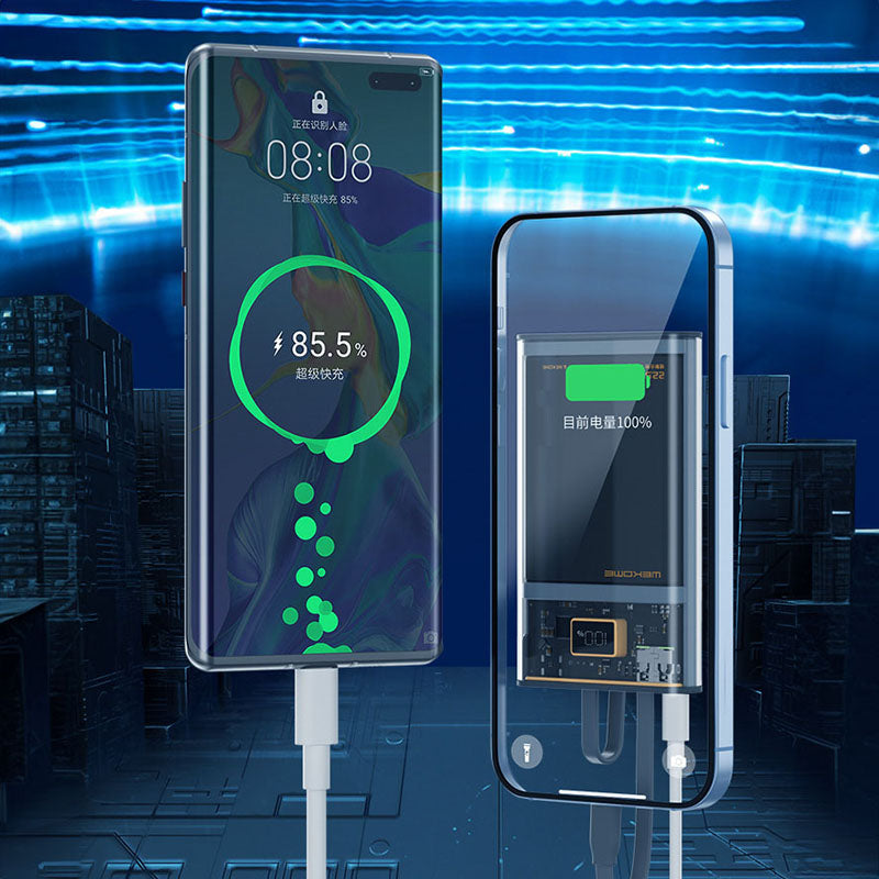 WEKOME WP-325 Vanguard Series – Maitinimo blokas 20000 mAh Super Charging su įmontuotu USB-C ir Lightning PD 20W laidu + QC 22.5W (juoda / permatoma)