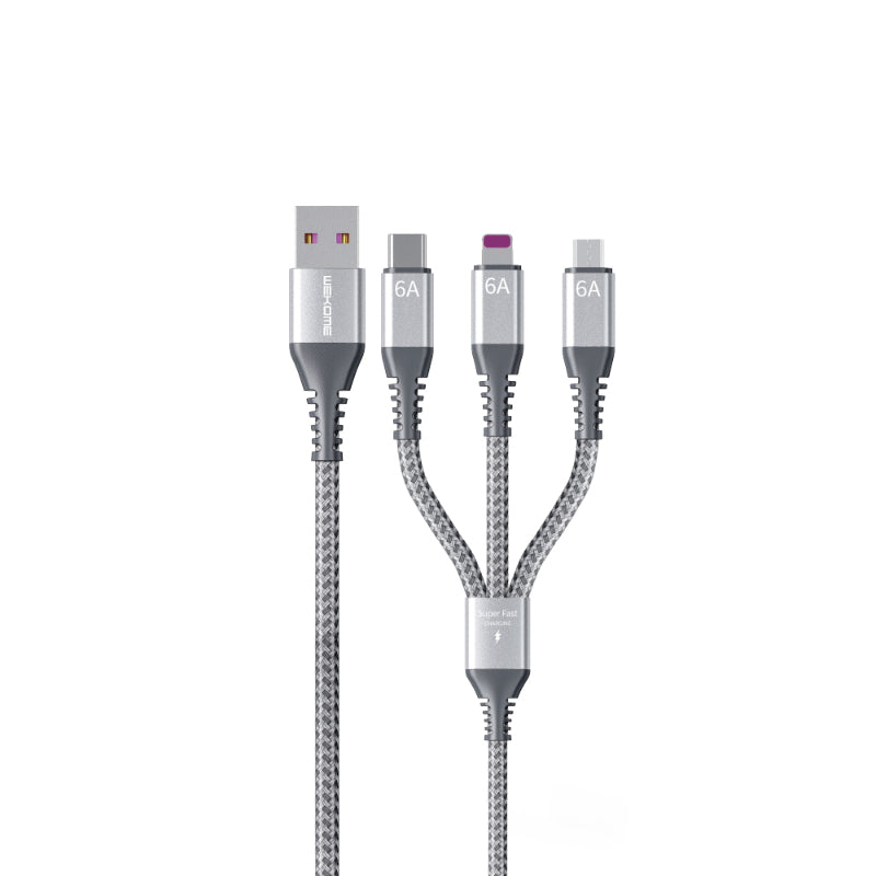 WEKOME WDC-170 Raython Series – 3-in-1 USB-A į USB-C + Lightning + Micro USB 1,2 m greito įkrovimo PD laidas (sidabrinis)