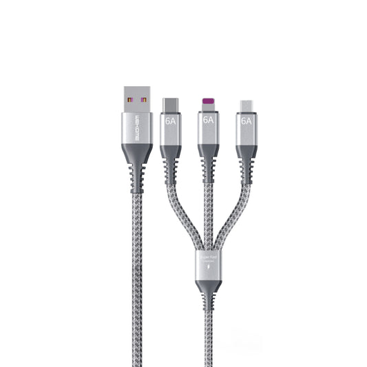 WEKOME WDC-170 Raython Series – 3-in-1 USB-A į USB-C + Lightning + Micro USB 1,2 m greito įkrovimo PD laidas (sidabrinis)