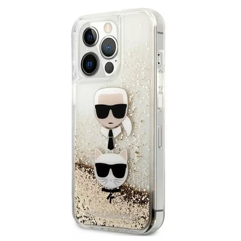 Karl Lagerfeld Liquid Glitter Karl & Choupette Head – dėklas, skirtas „iPhone 13 Pro Max“ (auksinis)