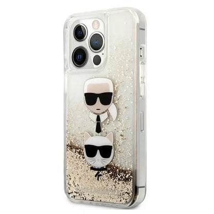Karl Lagerfeld Liquid Glitter Karl & Choupette Head – dėklas, skirtas „iPhone 13 Pro Max“ (auksinis)