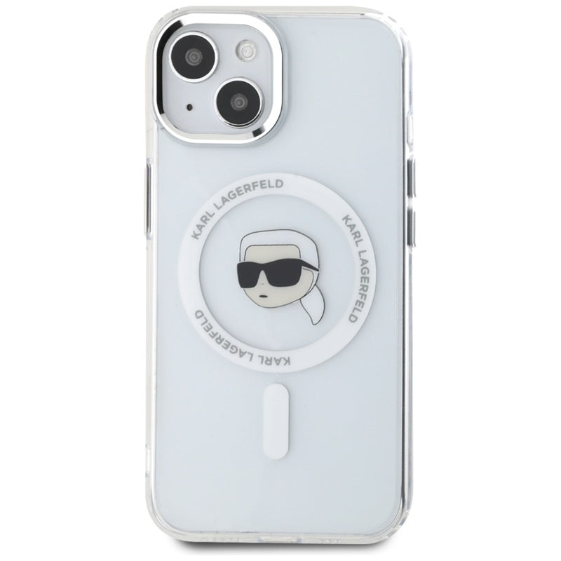 Karl Lagerfeld IML Metal Karl Head MagSafe – dėklas, skirtas iPhone 15 Plus (baltas)