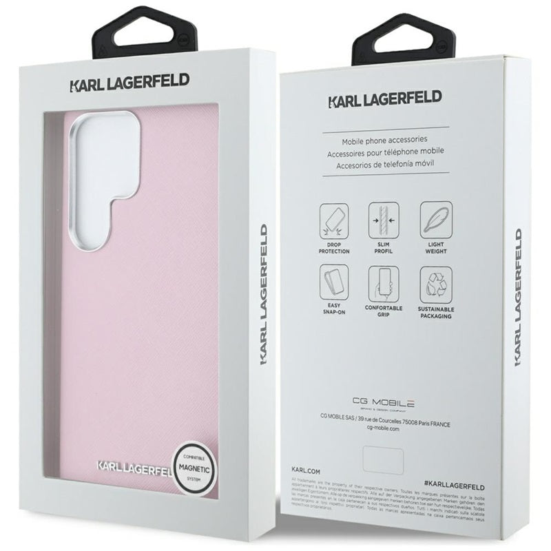 Karl Lagerfeld Saffiano Full Wrapped Elongated Metal Logo MagSafe – Dėklas Samsung Galaxy S25 Ultra (rožinis)