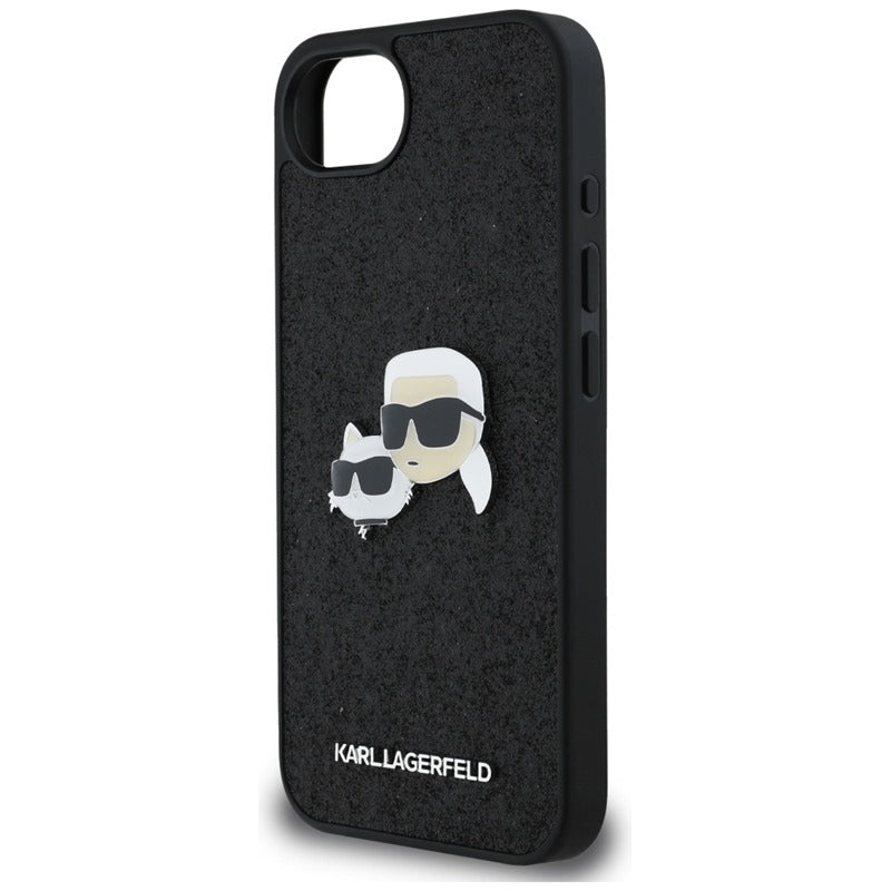 Karl Lagerfeld Dėklas iPhone 16e (juodas) su fiksuotais Karl & Choupette galvų metalo smeigtukais su blizgučiais