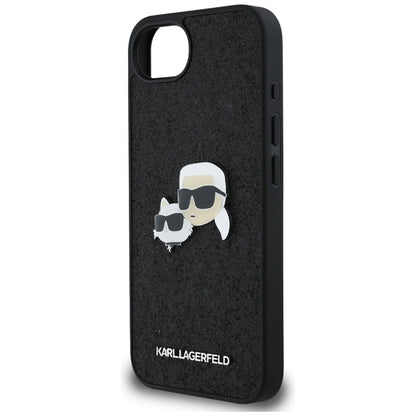 Karl Lagerfeld Dėklas iPhone 16e (juodas) su fiksuotais Karl & Choupette galvų metalo smeigtukais su blizgučiais