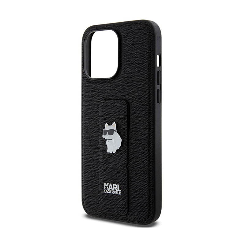 Karl Lagerfeld Gripstand Saffiano Choupette Pins – iPhone 13 Pro Max dėklas (juodas)