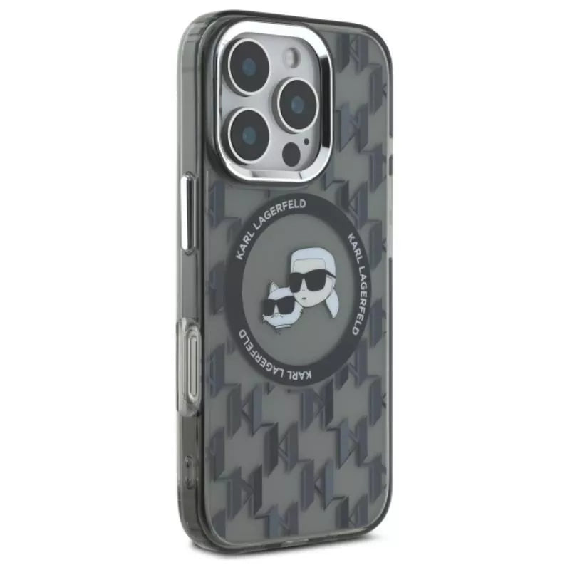 Karl Lagerfeld IML Monogram Karl & Choupette Head MagSafe - dėklas, skirtas iPhone 16 Pro Max (juodas)