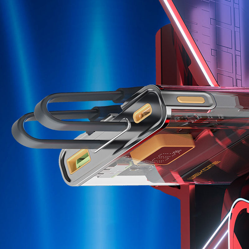 WEKOME WP-325 Vanguard Series – Maitinimo blokas 20000 mAh Super Charging su įmontuotu USB-C ir Lightning PD 20W laidu + QC 22.5W (juoda / permatoma)