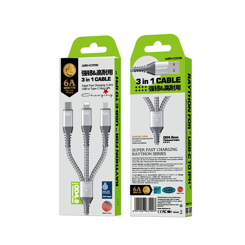 WEKOME WDC-170 Raython Series – 3-in-1 USB-A į USB-C + Lightning + Micro USB 1,2 m greito įkrovimo PD laidas (sidabrinis)
