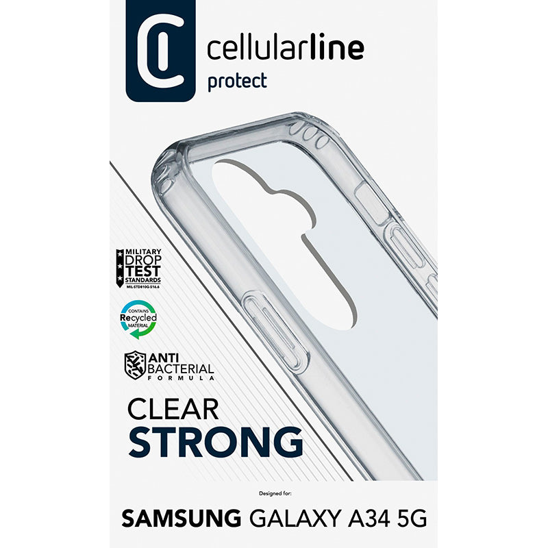 Cellularline Clear Strong – „Samsung Galaxy A34 5G“ dėklas su antibakterine apsauga (skaidrus)