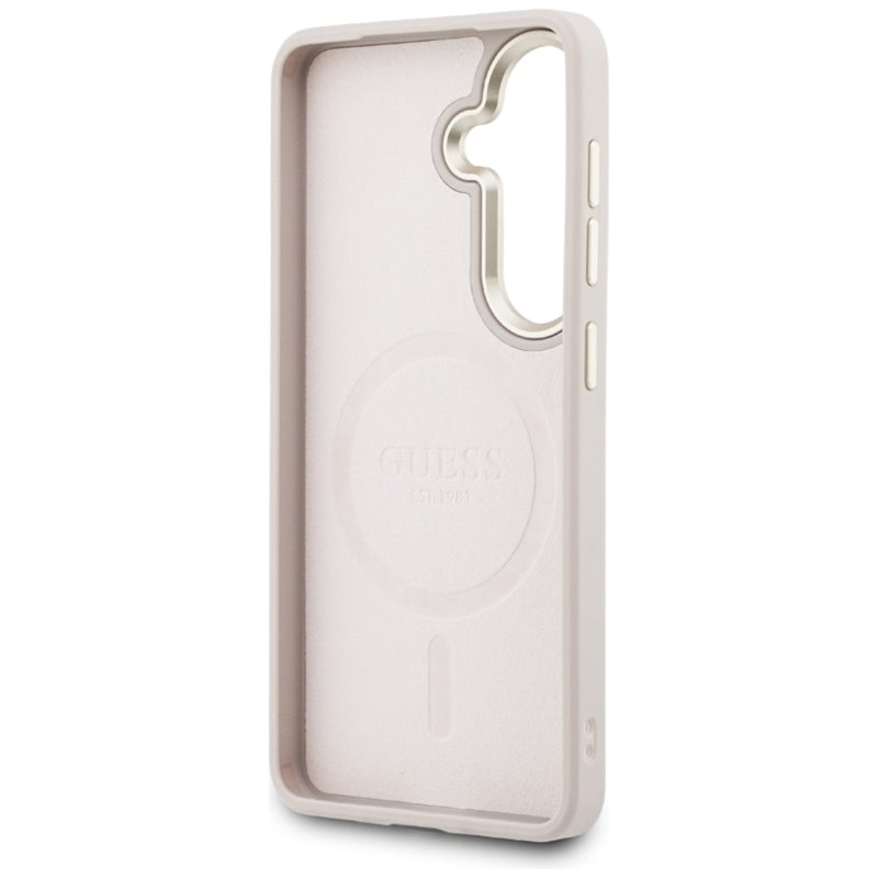 Guess 4G Reljefinis Žiedas MagSafe - Samsung Galaxy S26+ dėklas (Rožinis)