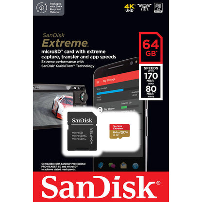 SanDisk Extreme microSDXC - atminties kortelė 64 GB A2 V30 UHS-I U3 170/80 MB/s su adapteriu
