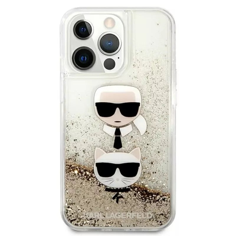 Karl Lagerfeld Liquid Glitter Karl & Choupette Head – dėklas, skirtas „iPhone 13 Pro Max“ (auksinis)