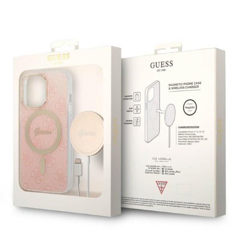 Guess Bundle Pack MagSafe 4G - dėklas iPhone 13 Pro Max ir MagSafe įkroviklis (rožinė/auksinė)