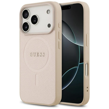 Guess Saffiano Klasikinis Logotipas MagSafe Dėklas iPhone 17 Pro (rožinis)