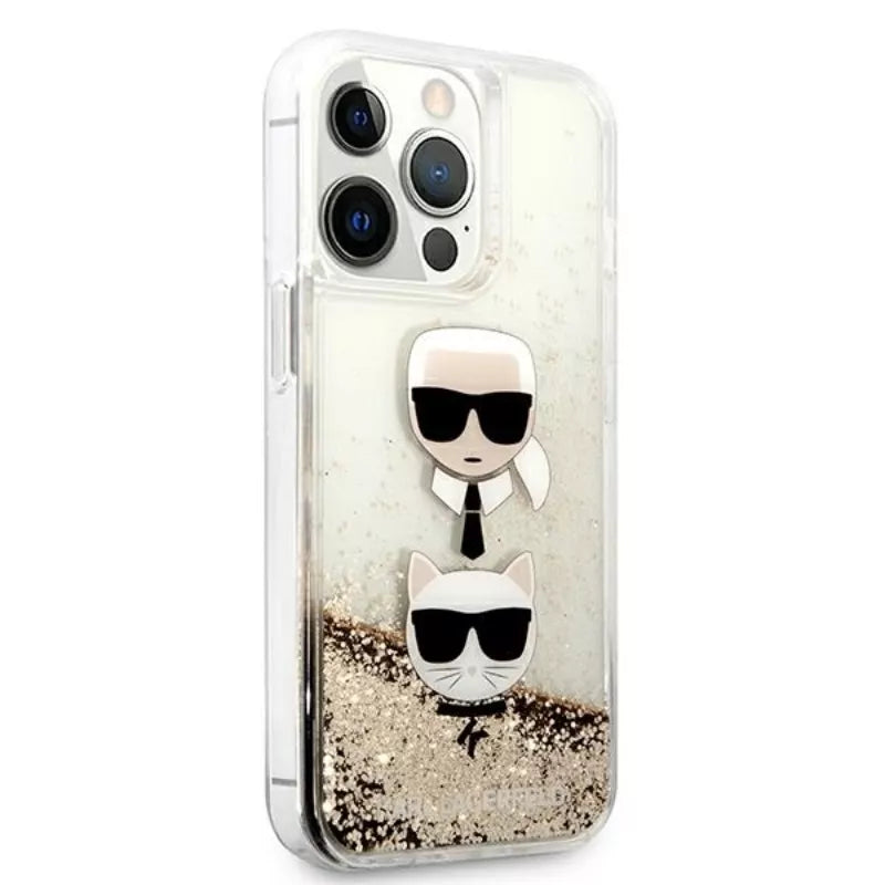 Karl Lagerfeld Liquid Glitter Karl & Choupette Head – dėklas, skirtas „iPhone 13 Pro Max“ (auksinis)