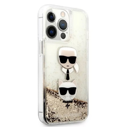 Karl Lagerfeld Liquid Glitter Karl & Choupette Head – dėklas, skirtas „iPhone 13 Pro Max“ (auksinis)