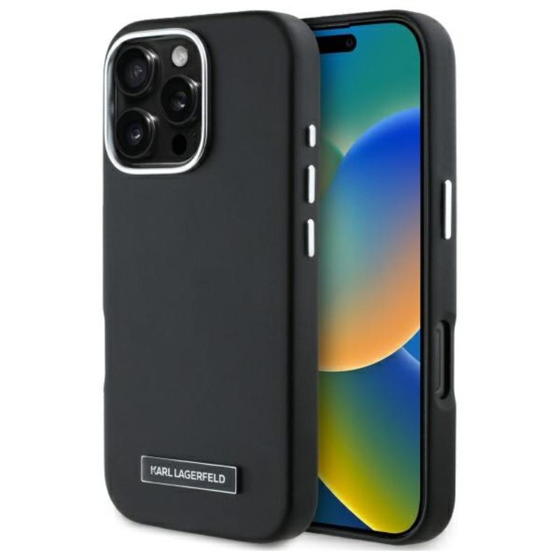 Karl Lagerfeld FW Metal Plate MagSafe – dėklas iPhone 16 Pro (juodas)