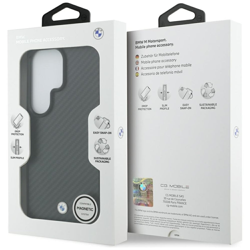 BMW magnetinis dėklas „Carbon Fiber MagSafe“ – „Samsung Galaxy S26 Ultra“ (juodas)