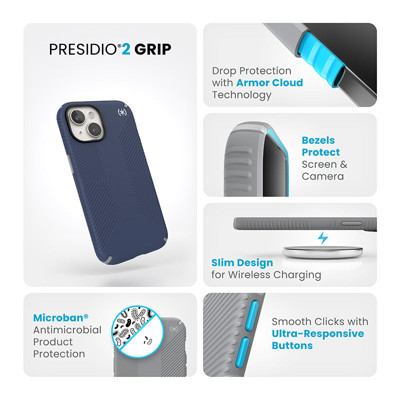 Speck Presidio2 Grip – dėklas, skirtas iPhone 16e / iPhone 15 / iPhone 14 / iPhone 13 (Pakrantės Mėlyna / Dulkių Pilka / Balta)