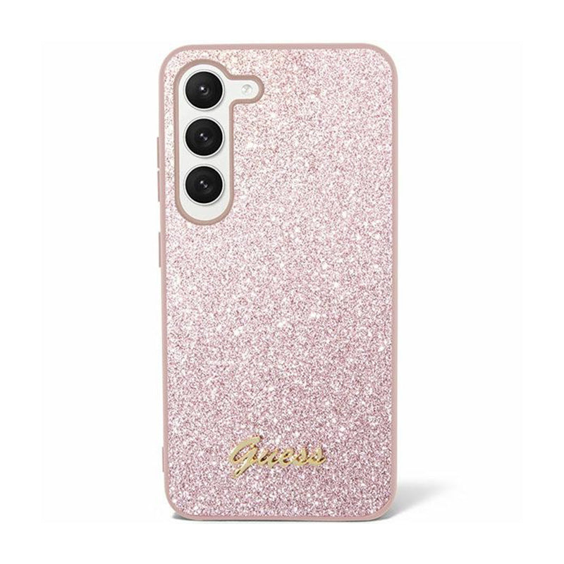 Guess Glitter Flakes Metal Logo dėklas – dėklas Samsung Galaxy S24+ (rožinis)