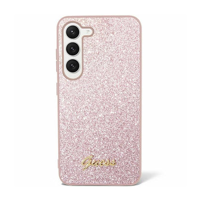 Guess Glitter Flakes Metal Logo dėklas – dėklas Samsung Galaxy S24+ (rožinis)