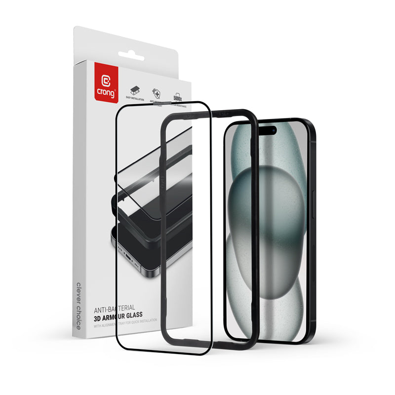 Crong Antibakterinis 3D Armour Glass - 9H pilnai klijuojamas grūdintas stiklas iPhone 16 Plus / iPhone 15 Plus + montavimo rėmelis