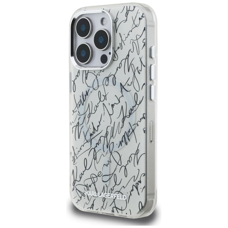 Karl Lagerfeld IML Karl Script Pattern MagSafe - Dėklas iPhone 16 Pro (baltas)