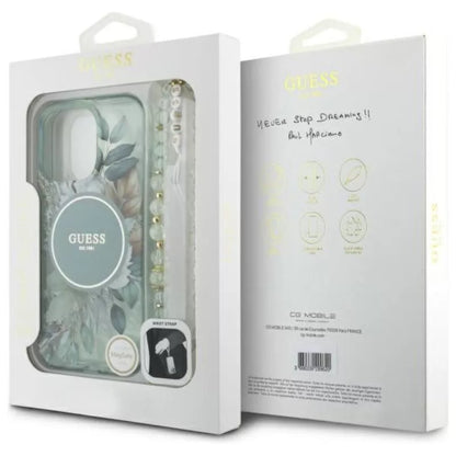 Guess IML Gėlės su perlų dirželiu MagSafe – dėklas iPhone 16 Pro (Žalias)