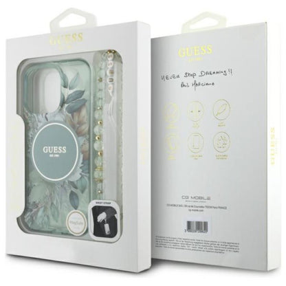 Guess IML Gėlės su perlų dirželiu MagSafe – dėklas iPhone 16 Pro (Žalias)