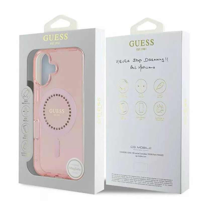Guess IML deimantukai MagSafe dėklas iPhone 16 Plus (Rožinis)