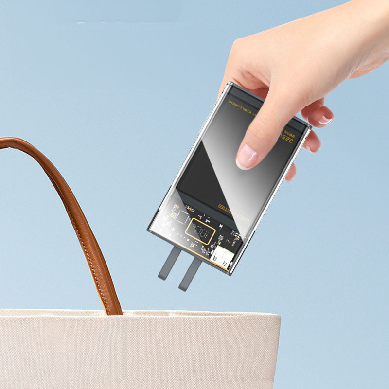 WEKOME WP-325 Vanguard Series – Maitinimo blokas 20000 mAh Super Charging su įmontuotu USB-C ir Lightning PD 20W laidu + QC 22.5W (juoda / permatoma)