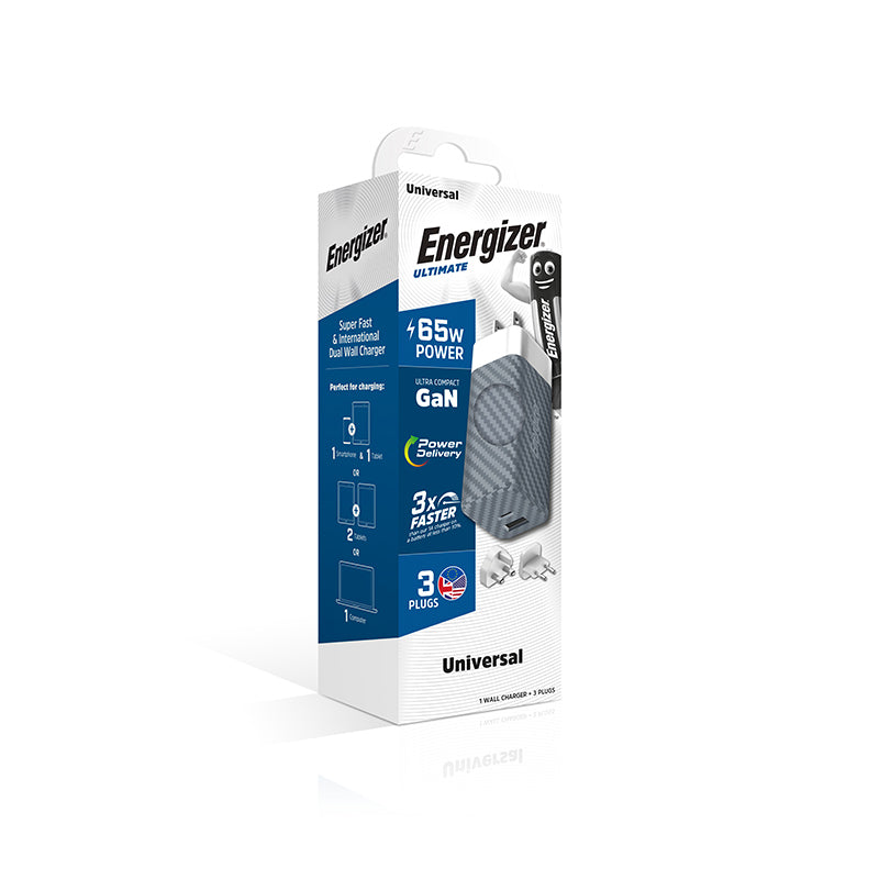 Energizer Ultimate - Multiplug EU / UK / US GaN USB-C ir USB-A 65W PD tinklo įkroviklis (sidabrinis)