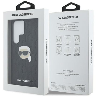 Karl Lagerfeld Odinis monogramos smeigtukas su Karl galva – dėklas, skirtas „Samsung Galaxy S25 Ultra“ (juoda)