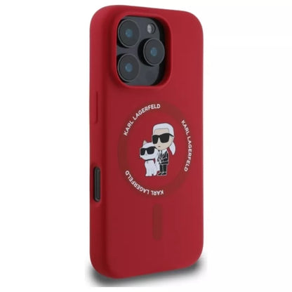 Karl Lagerfeld Silicone Karl & Choupette Ring MagSafe – dėklas iPhone 16 Pro (raudonas)