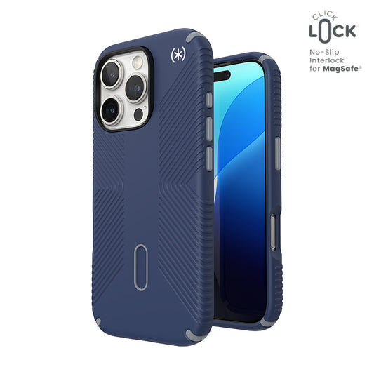 Speck Presidio2 Grip ClickLock & MagSafe - dėklas, skirtas iPhone 16 Pro (pajūrio mėlyna / dulkėtai pilka / balta)