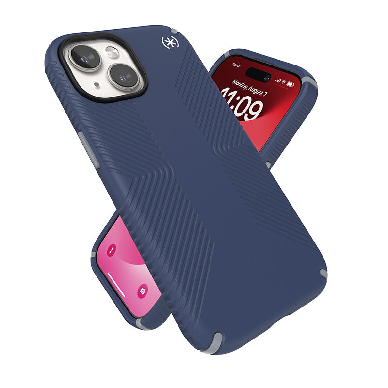Speck Presidio2 Grip – dėklas, skirtas iPhone 16e / iPhone 15 / iPhone 14 / iPhone 13 (Pakrantės Mėlyna / Dulkių Pilka / Balta)