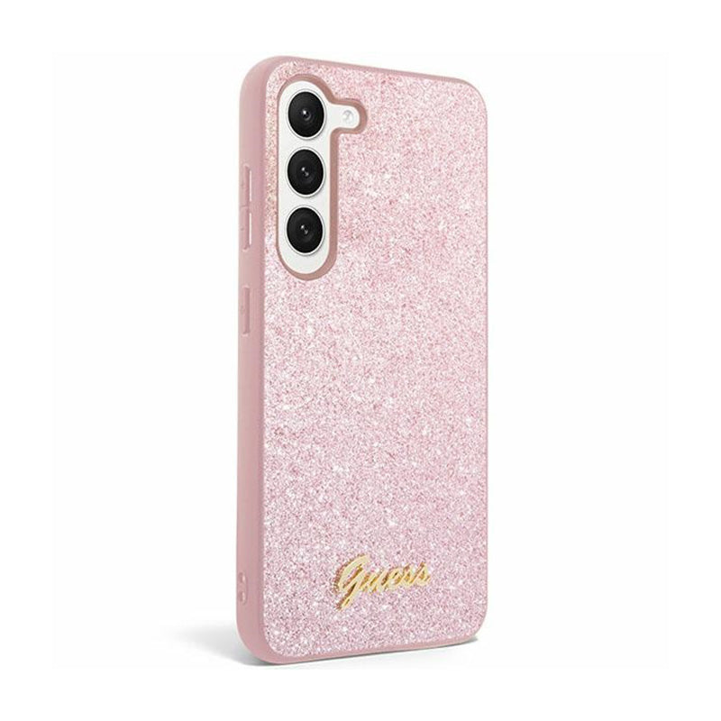Guess Glitter Flakes Metal Logo dėklas – dėklas Samsung Galaxy S24+ (rožinis)