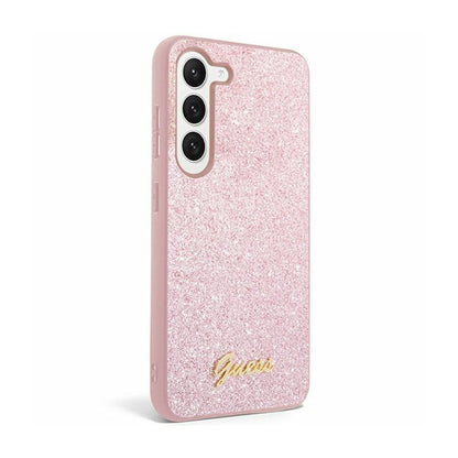 Guess Glitter Flakes Metal Logo dėklas – dėklas Samsung Galaxy S24+ (rožinis)