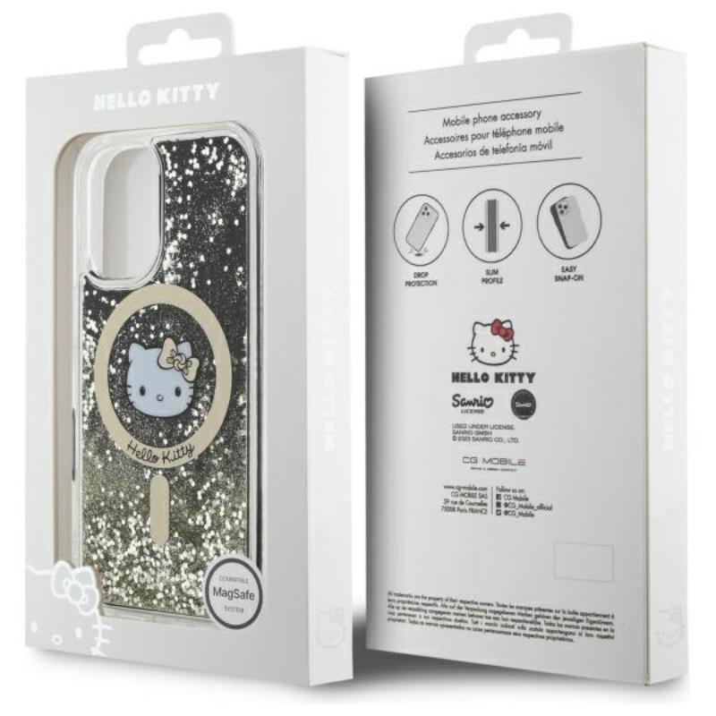 Hello Kitty Liquid Glitter Fever MagSafe - dėklas, skirtas iPhone 16 (juoda/auksinė)